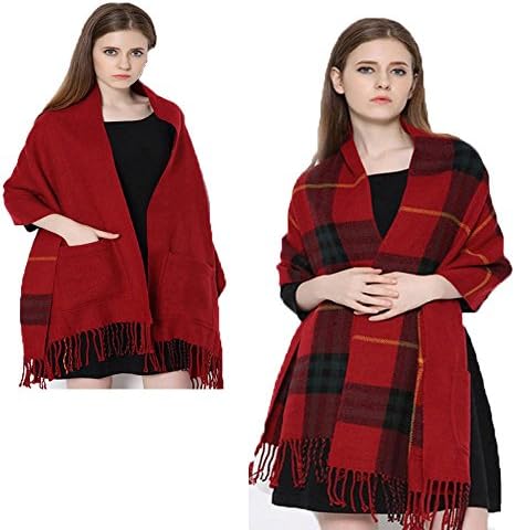 Da Ben Tai Women's Cashmere double sided pocket fringed plaid scarf shawl fashion scarves (Jujube red)
