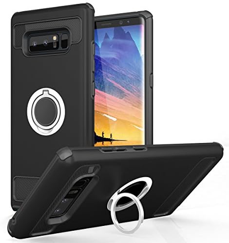 Galaxy Note 8 Case with Ring Kickstand Armor Dual Layer Silicone Rubber Hybrid Durable Shockproof Bumper Protective Anti-Scratch Impact Heavy Duty Cover (2017) (Black)