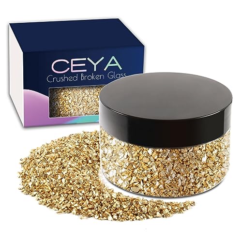 Ceya 5.3oz/ 150g Crushed Irregular Glass Shallow Gold Metallic Crystal Chips Broken Glass Glitter 2-4mm Craft Glitter for Nail Arts Epoxy Resin Mold Coasters Ornament Painting Geode Phone Case Jewelry