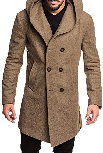 Yomis Men's Hooded Wool Blend Coat British Double Breasted Casual Winter Pea Overcoat