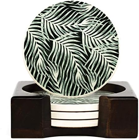 Coaster Set of 4 with Holder | Stone Drink Coasters Set, Black Palm. Absorbent with Beautiful Wood Holder | Made of Ceramic with Cork Back, Absorbs Spills
