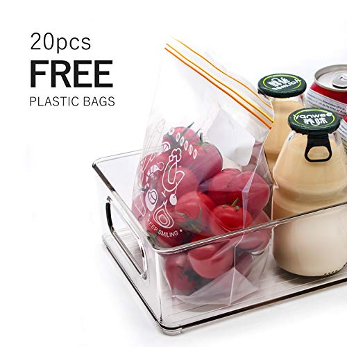 Stackable Refrigerator Organizer Bins, 6 Pack Clear Kitchen Organizer Container Bins with Handles and 20 PCS Free Plastic Bags for Pantry, Cabinets, Shelves, Drawer, Freezer - Food Safe, BPA Free 10\