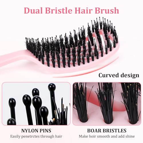 Euqvunn Hair Brush, Boar Bristle Brush with Double Filament Anti-Tangle and Brilliance, Soft Anti-Pull Comb for Thick and Long Hair
