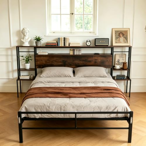 CNHVEIF Base de Cama con Cabecera y Luces RGB, Base Cama con Estación de Carga USB Incorporada y Espacio de Almacenamiento, Cama Metálica con Mesilla de Noche, Fácil Montaje