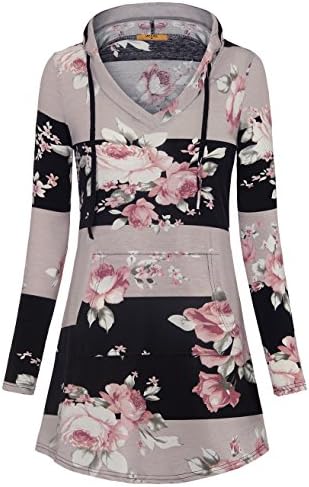 MCKOL Tunic Hoodie for Women, Ladies Casual Long Sleeve V Neck Floral Sweatshirt With Kangaroo Pocket (Black Grey,Large)
