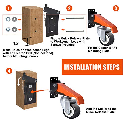 Ronlap Workbench Casters with QuickRelease Plates, 2.5" Heavy Duty