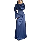 xxxiticat Women's Slip Satin Long Dress Long Sleeve Round Neck Back Lace Up Bandage Tie Wedding Party Maxi Dresses