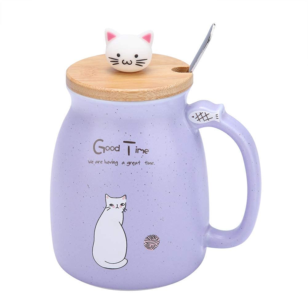 Mumusuki Lovely Cat Ceramic Cup with Spoon and Lid Coffee Water Milk Mug for Drinkware Girls Boys Gift 1Pc (Purple)