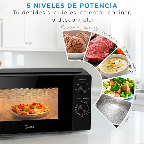 Microondas 20 litros y 700 W de potencia | Microwave | Horno Microondas Negro de Sobremesa con Plato Giratorio, Función Descongelación, 5 Niveles de Potencia, Temporizador | Microondas sin grill