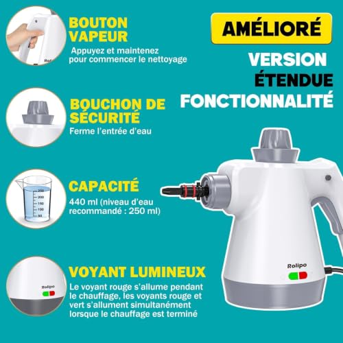 Portable Steam Cleaner 1050W High Temperature Cleaning - 100% Chemical Free Disinfection Multifunction Device for Kitchen, Bathroom, Car, Floors and Fabrics