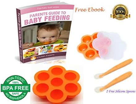 Orange Baby Food Storage Container With Lid by Kitchen Experts- 2 Free Silicone Baby Spoons- Tray For Freezing Baby Food. BPA Free, FDA Approved, Safe,