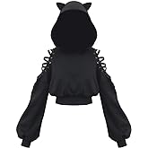 YEMOCILE Women Hoodies Long Sleeve Cute Ear Cat Off Shoulder Crop Top Pullover Sweatshirt
