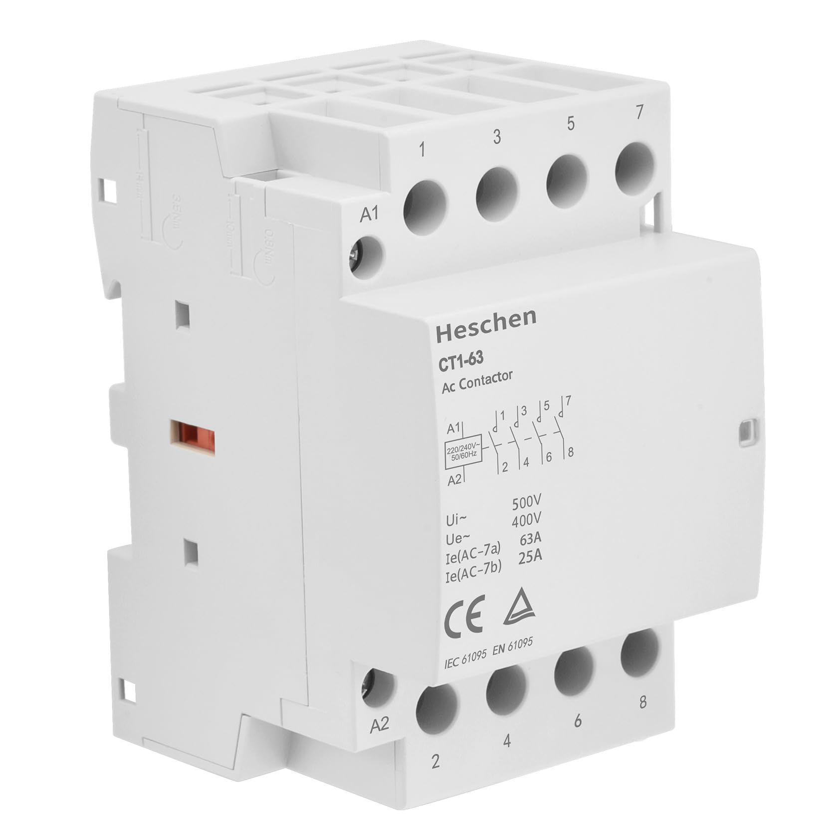 Heschen Household AC Contactor, CT1-63, 4 Pole Four Normally Open, AC 220V/240V Coil Voltage, 35 mm DIN Rail Mount