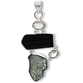 Genuine Moldavite Pendant With Black Tourmaline & Herkimer Diamond, 925 Sterling Silver Handmade Healing Crystal Jewelry, Raw Natural Stones, Spiritual Gift for Women