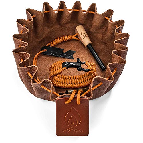 Texas Bushcraft Fire Starter Survival Kit – Ferro Rod Flint Fire Steel, Striker Tool | Cowhide Leather Drawstring Tinder Bag and Possibles Pouch | Emergency Paracord Bracelet for Your Camping Gear