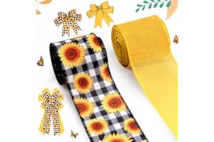 2 Rolls 2.5" × 5 Yd Spring Flower Ribbon Black White Buffalo Plaid Wired Ribbon Yellow Flower Burlap Ribbon for Spring Wreath