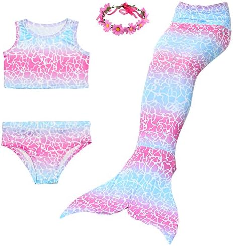Familycrazy 3 Piece Mermaid with Tail Swimsuit Wet/Dry Outfit with Garland (140cm(8-10Y), Blue Pink Newmermaid Style)