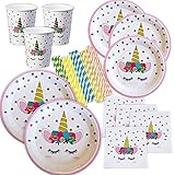 Unicorn Plates Napkins and Cups with Gold Foil Serves 24; 24 Dinner Plates 24 Dessert Plates 25 Luncheon Napkins and 24 Cups and Straws for Birthday Party Supplies Baby Shower Decorations!