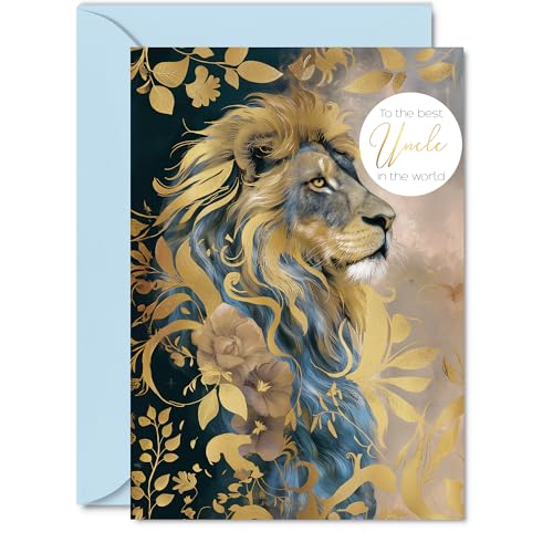 Giftzie Uncle Birthday Card - Majestic Gold Lion - Beautiful Happy Birthday Card for Uncle from Niece Nephew, 5x7 Inch Male Men Bday Golden Greeting Cards
