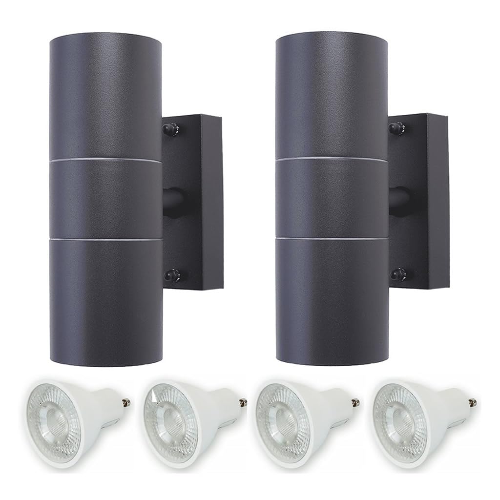 HiSPEC Coral LED Outdoor Up Down Wall Lights | for Home, Driveway, Garden, Patio | Wall Mounted Exterior Security Light with IP44 Rating (Grey, 2 Pack with Bulbs)