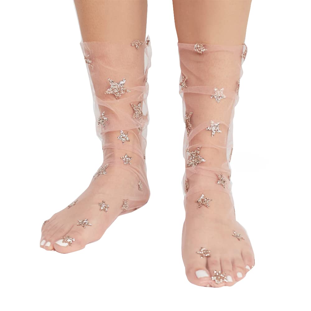 FXmimior Glitter and Stars Galaxy Transparent Tulle Socks Women Prom Party Jewerly (pink)