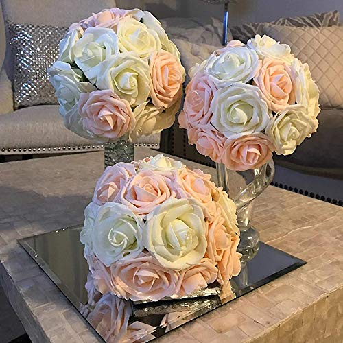 Lmeison Artificial Flower Rose, 50pcs Real Looking Artificial Roses w/Stem for Bridal Wedding Bouquets Centerpieces Baby Shower DIY Party Home Décor, Blush with 4 Leaves - Thumbnail 3