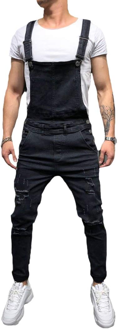 Fashion Mens Overalls Skinny, Denim Vintage Ripped Trousers Slim Fit Jumpsuits Dungarees Jeans Breathable Distressed