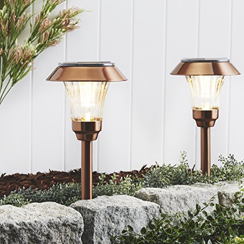 Copper Metal Solar Path Lights, Set of 4 Pathway Landscape Lighting, Warm White LEDs, Rechargeable, Waterproof