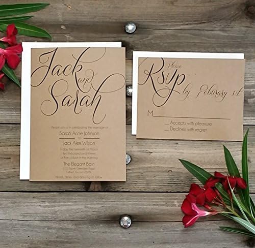 PRINTED Country Rustic Wedding Invitation &amp; Rsvp w/both Envelopes "GOLD PACKAGE" Oversized Script Font Names Romantic Elegant
