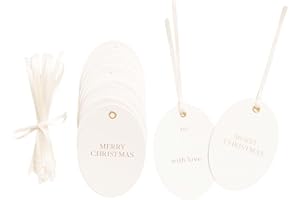 Christmas Gift Tags, Premium Oval Letterpress Holiday Tags with Gold Foil, Merry, to and with Love, Set of 25 with Satin Ribbon by Merry Market
