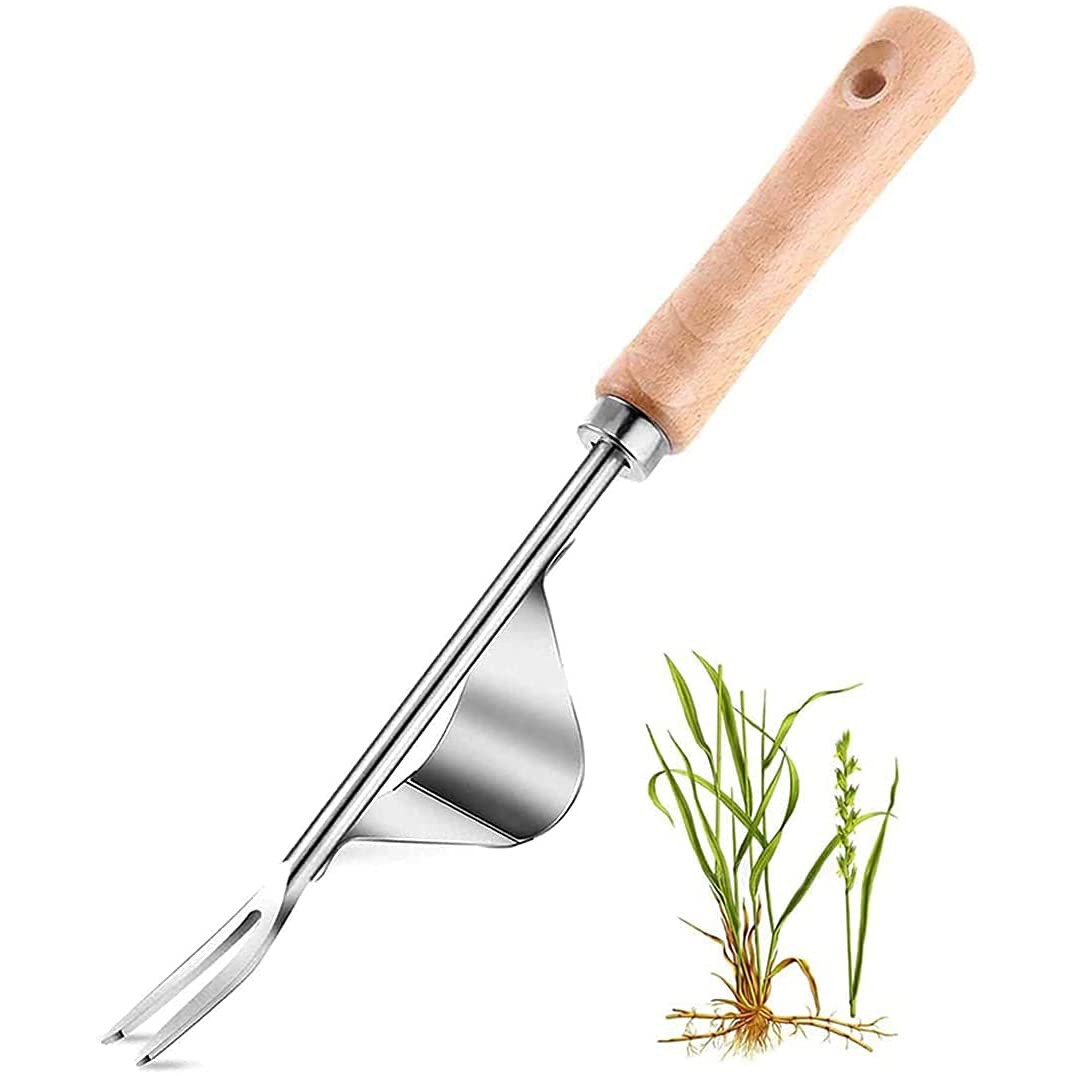 Manual Weeder Puller Tool, Weed Remover Mower Tool, Wooden Hand & Y-shaped Stainless Steel Shovel Mouth Design, Weeder Shovel for Garden/Lawn/Yard Transplant