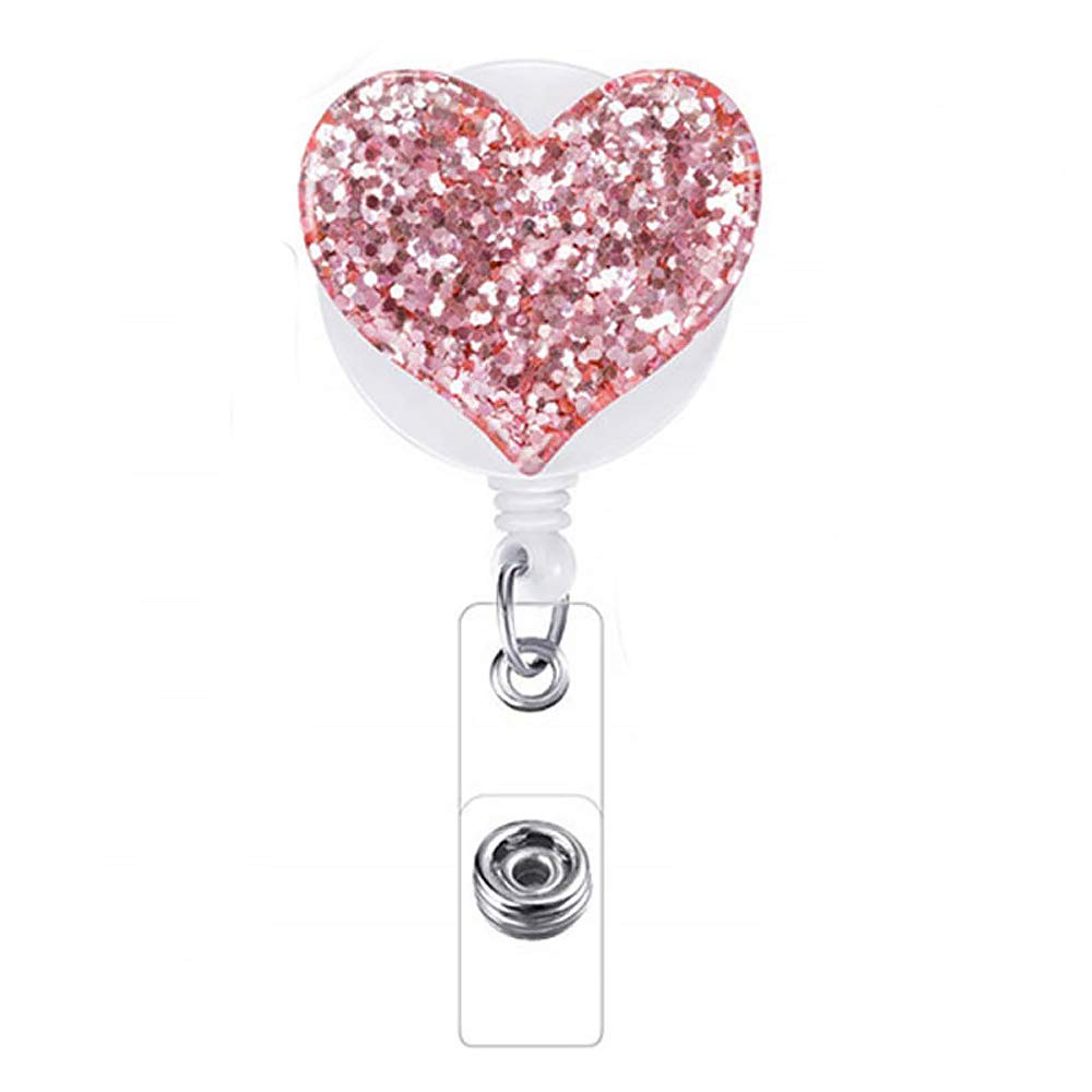 1 Pack Badge Reel Retractable ID Badge Holder with Belt Clip Glittery Heart Yo Yo Badge Reel Door Pass Holder Key Chain for Girls Nurse Teacher Student -Pink