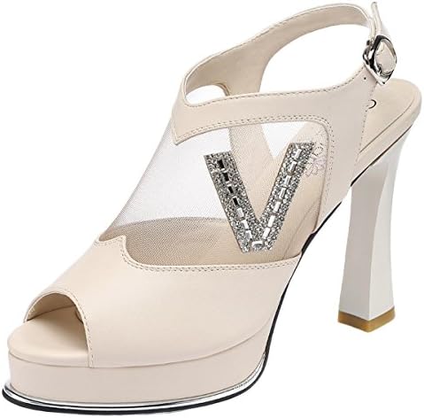 Kiwii Women Fashion Graceful Sexy Peep Toe Leather and Mesh Drill Platform High Heel Pump Shoes(5.5 B(M) US, Beige)