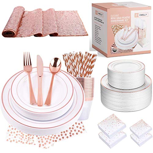 Disposable Plastic Tableware Set | Includes Plates, Cutlery, Table Runner, Napkins, Cups & Paper Straws for Dinner, Party, Bridal Shower, Birthday & Christmas | 251 Pieces Rose Gold Fancy Silverware