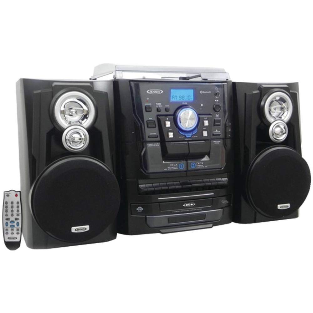 JENSEN® Bluetooth® Tocadiscos estéreo de 3 velocidades Sistema de música con cambiador de 3 CD y pletina de casete doble, control de tono y control remoto