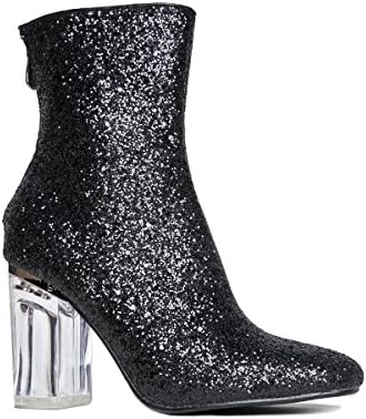 Glittery High Heel Ankle Bootie - Round Closed Toe Ankle High - Stylish Transparent High Heel Sexy Booties 5.5