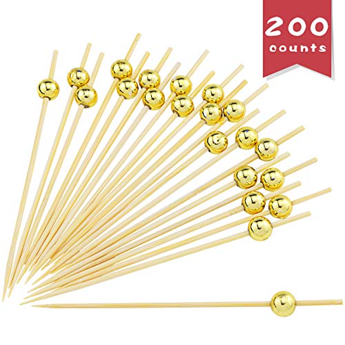 DLOnline 200 Counts 4.7 Inches Gold Pearl Fruit Sticks,Handmade Cocktail Picks,Sticks Wooden Toothpicks Party Supplies - Thumbnail 2