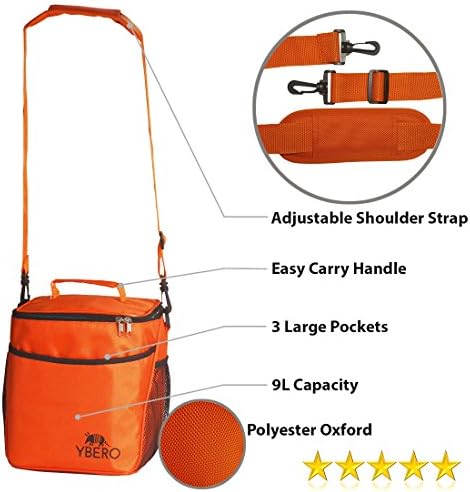 Insulated Cooler Bag Lunch Bag │ Adjustable Shoulder Strap Collapsible │ Office School or Outdoor │ 9L │ Gray or Orange by YBERO (orange)