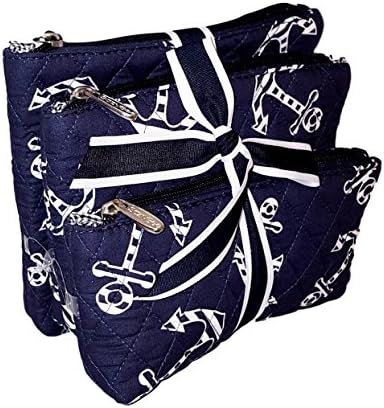 SazyBee 3 Piece Cosmetic Set - Custom Embroidery Available (Navy Nautical Anchors)