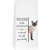 EXUQO Funny Bathroom Cat Hand Towels Dishcloths for Siamese Lover Cats Mom Dad Gifts,Welcome to The Bathroom a Cat Will Be with You Shortly,16x24 inch