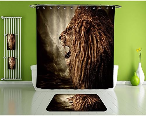 Bathroom Suits/16Piece Bathroom Set/Bathroom Accessory Set，1 Shower Curtains&amp;1 Floor Mats&amp;1 Bath Towels &amp;1 Towel And 12 High-grade hook Decorate the bathroom(roaring lion against stormy sk)