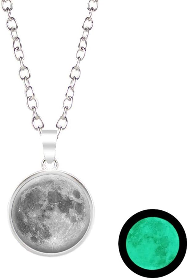 CanVivi Moon Necklace Glow In The Dark Necklace Galaxy Planet Alloy Glass Cabochon Pendant Necklace Chain Jewelry Accessories for Women