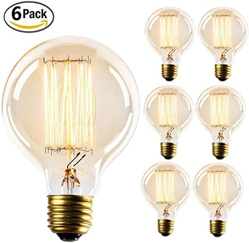DEGUAN Globe Antique Edison Bulbs 40 Watt 6 Pack Dimmable-Amber Color Vintage Bulb With Squirrel Cage Filament-120V E26 200lumens G80 Global Style