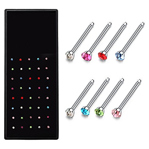 M-Tree Rhinestone Stainless Steel Nose Studs Rings Pin Box Set Body Piercing Jewelry Bling-Bling (40 Pcs) Color Mixed
