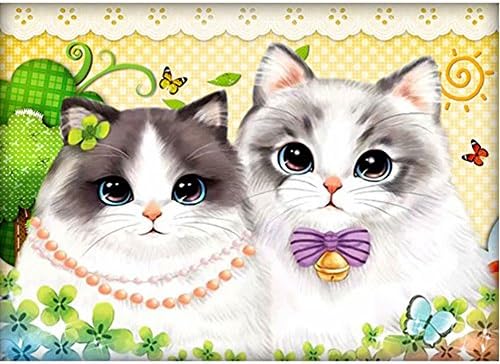 Two Kitten 5D DIY Diamond Embroidered Painting Full Drill Cross Stitch Stickers Cartoon Cute Cat Round Diamond Crystal Mosaic Embroidery Kits Living Room Home Decor