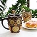 SQOWL 3D Coffee Mug Cute Set of 2 Owl Ceramic Coffee Mugs with spoons Office Tea Cups for Women Men 12 oz Cyan and Brown