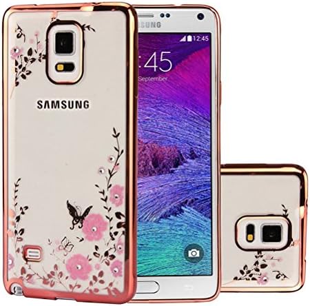 Rejected all traditions Luxury Fashion Bling Flowers Diamonds Rose Crystal Clear Case Silicone Cover for Samsung Galaxy Note 4（Rose gold + pink flower）