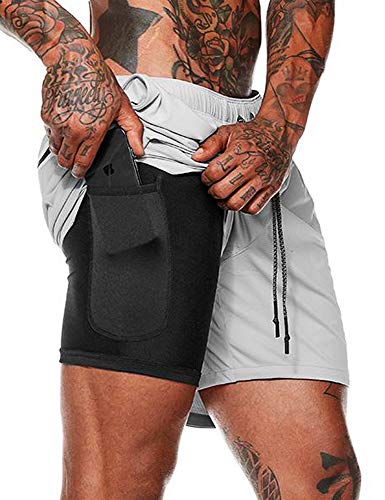 FLYFIREFLY Men's 2-in-1 Workout Running Shorts 7" Lightweight Gym Yoga Training Sport Short Pants Grey