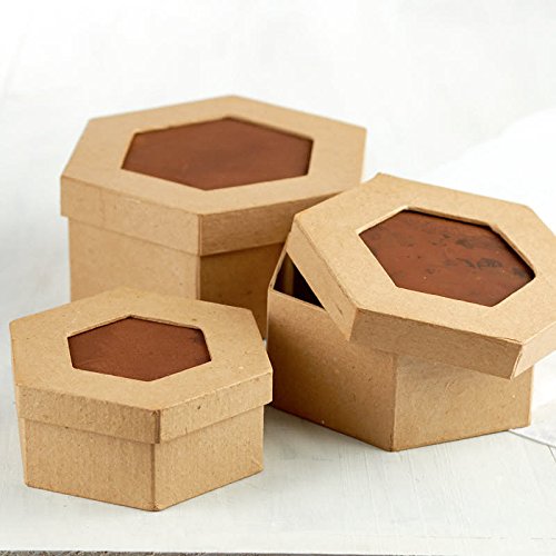 Package of 3 Hexagon Shaped Paper Mache Boxes with Rusty Tin Center Lids for Crafting, Storing and Creating