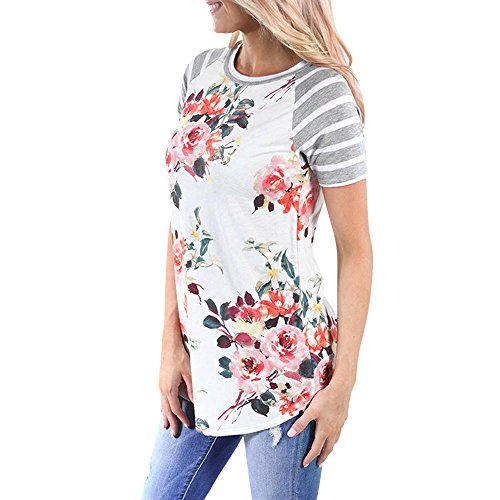 Pengy Clearance Women Short Sleeve Striped Floral Printed Blouse Shirt Tops (M, White)
